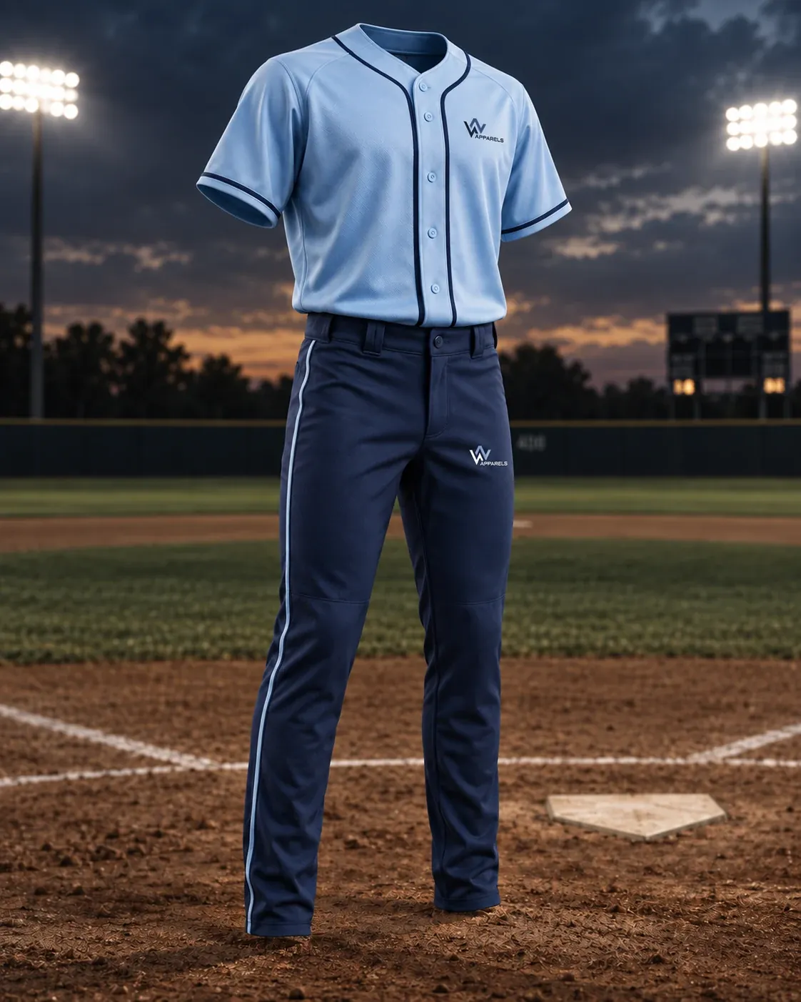 Sky-blue button-front baseball jersey with navy pants at home plate