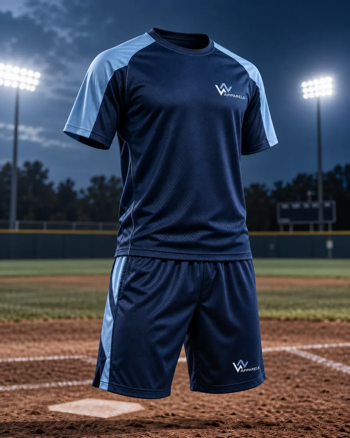 Navy practice tee with sky-blue sleeves and shorts