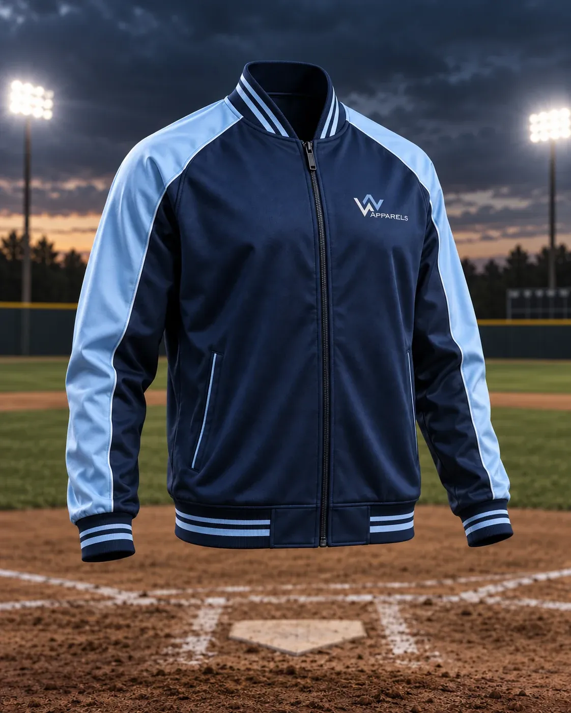 Navy warm-up jacket with sky-blue sleeves