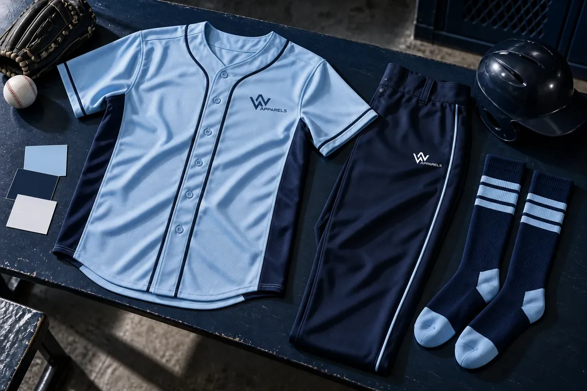 Flat lay of a baseball jersey, pants, socks and a ball