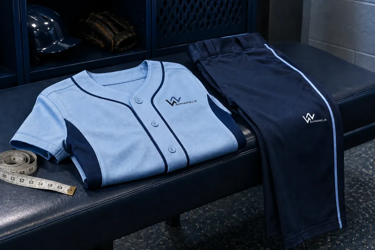 Folded baseball jersey and pants on a dugout bench with a tape measure
