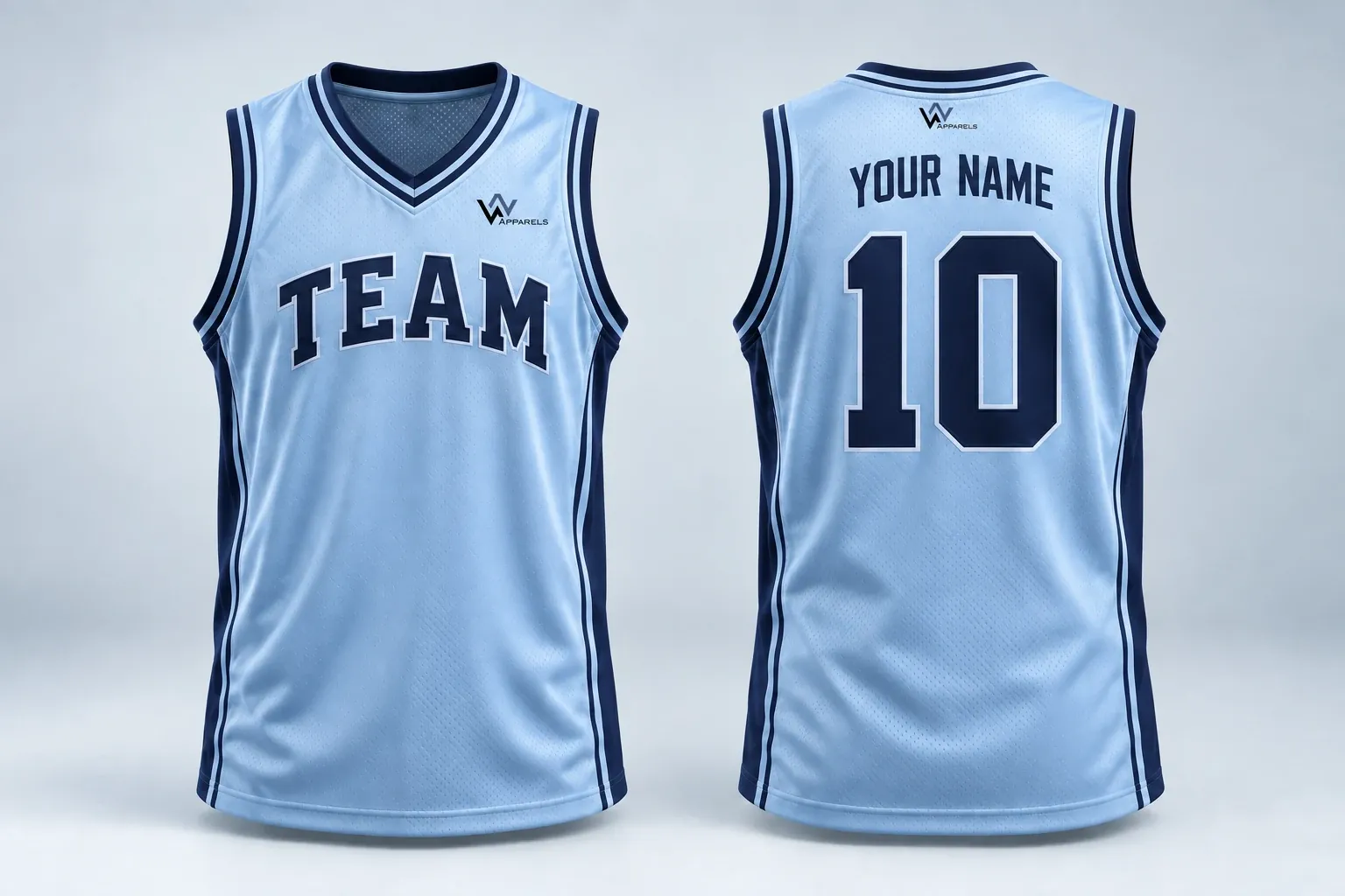 Sky-blue basketball jersey, front with TEAM and logo, back with YOUR NAME and 10