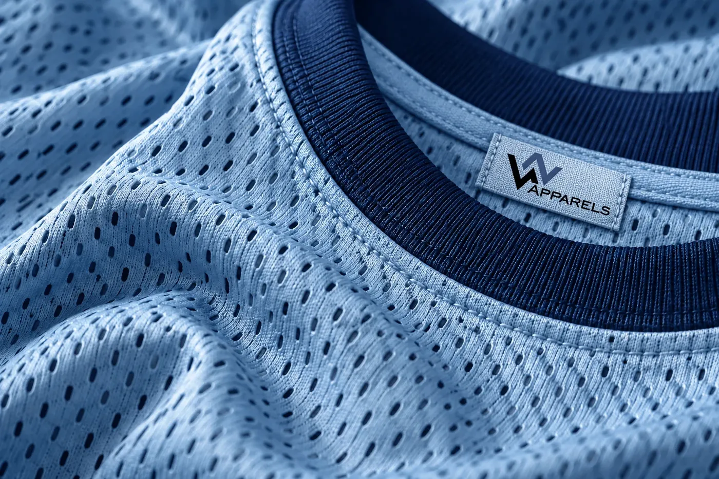 Close-up of sky-blue mesh basketball jersey with a navy rib collar