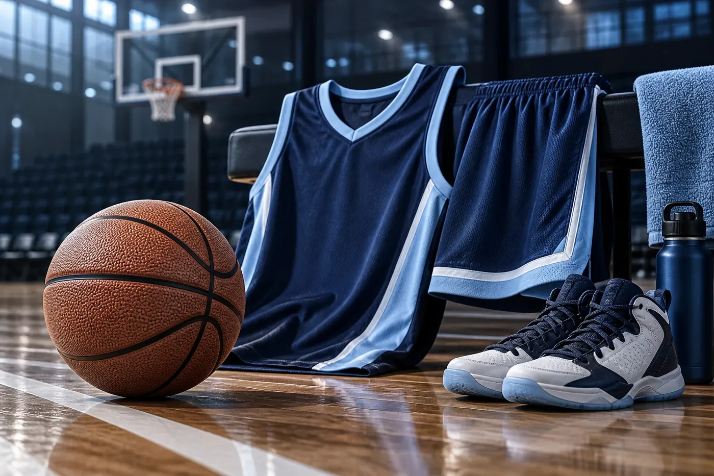 Basketball, kit bag and trainers on a polished arena court
