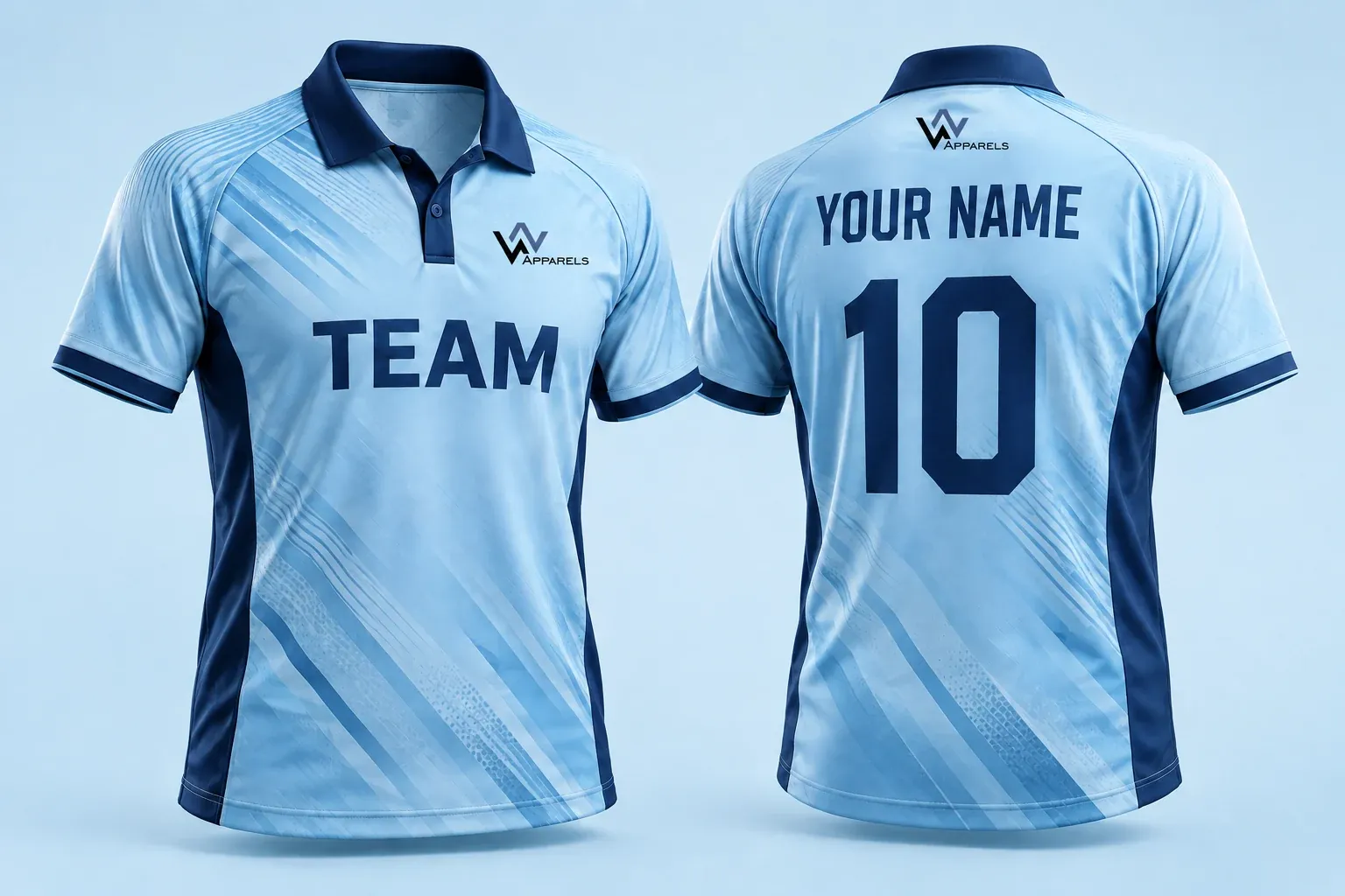 Sky-blue cricket shirt, front with TEAM and logo, back with YOUR NAME and 10