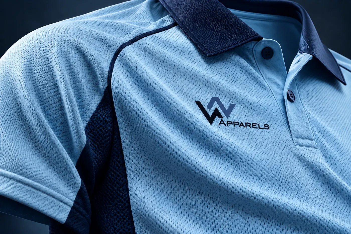 Close-up of a sky-blue cricket shirt with navy collar and W APPARELS logo