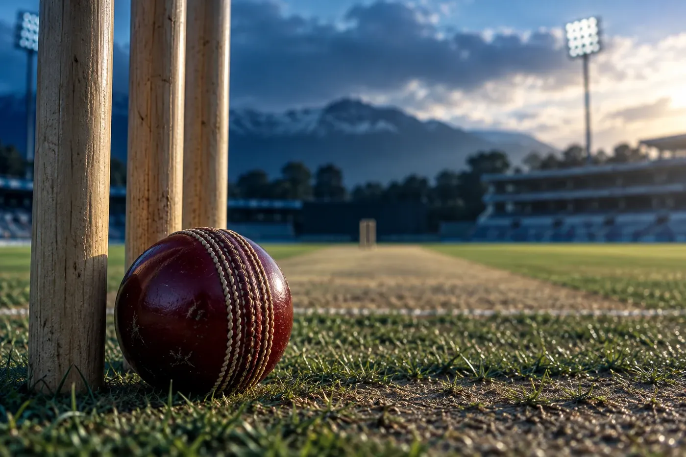 Red cricket ball resting against wooden stumps on a floodlit ground at dusk
