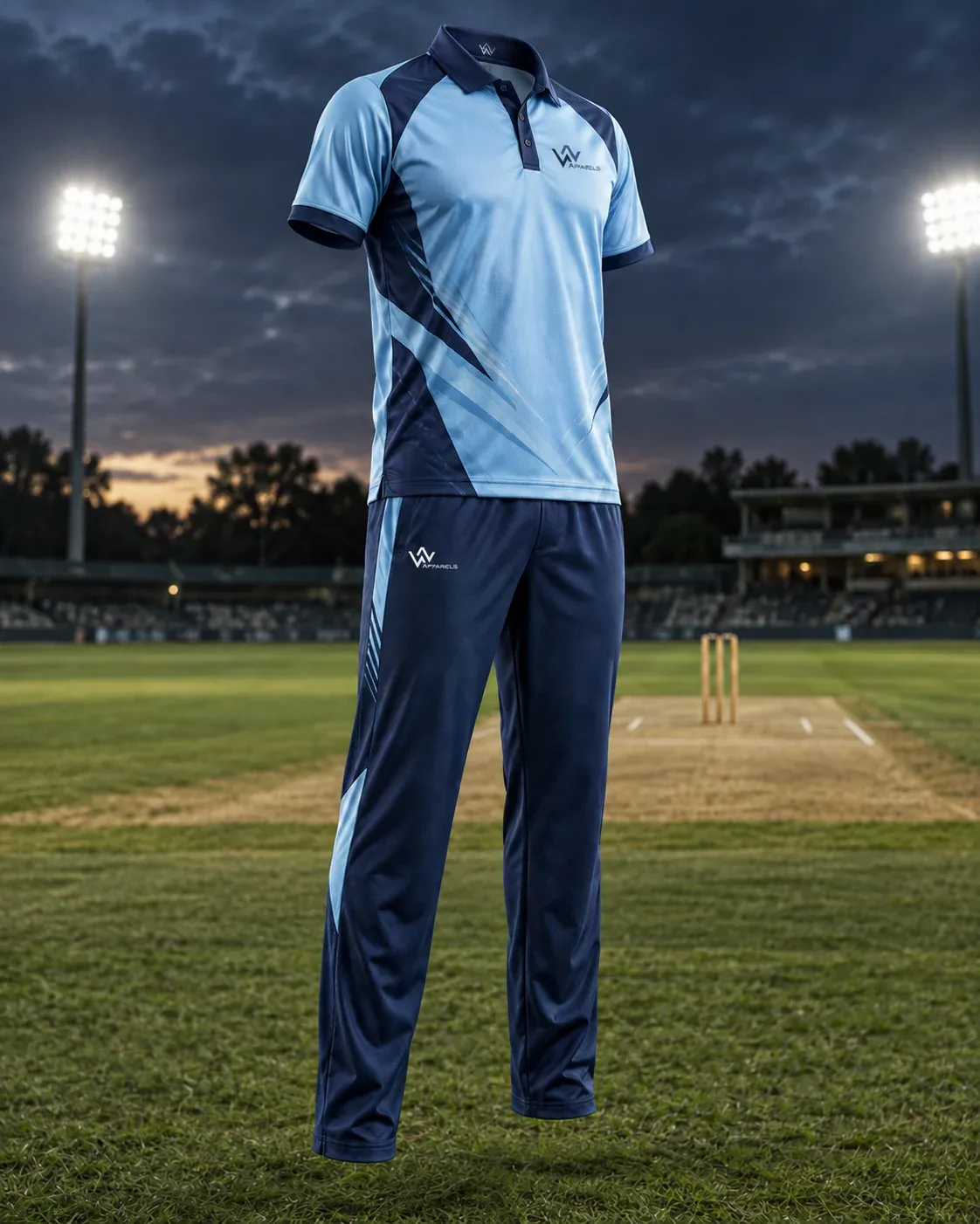 Sky-blue coloured cricket shirt with navy trousers on a floodlit ground