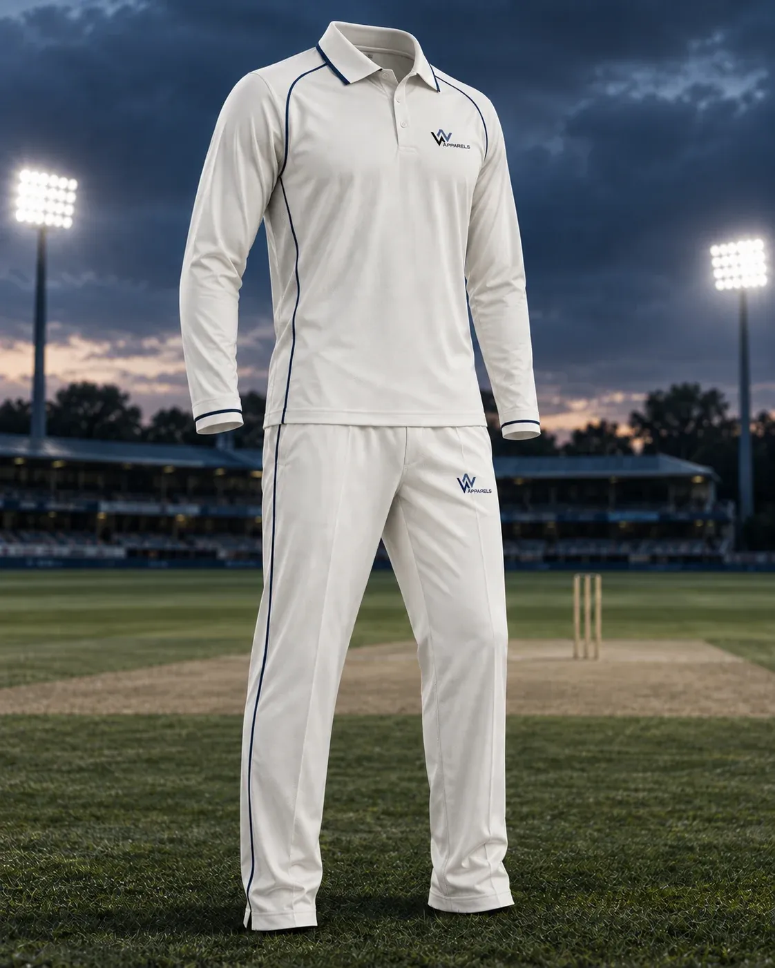Traditional cricket whites: long-sleeve shirt and trousers
