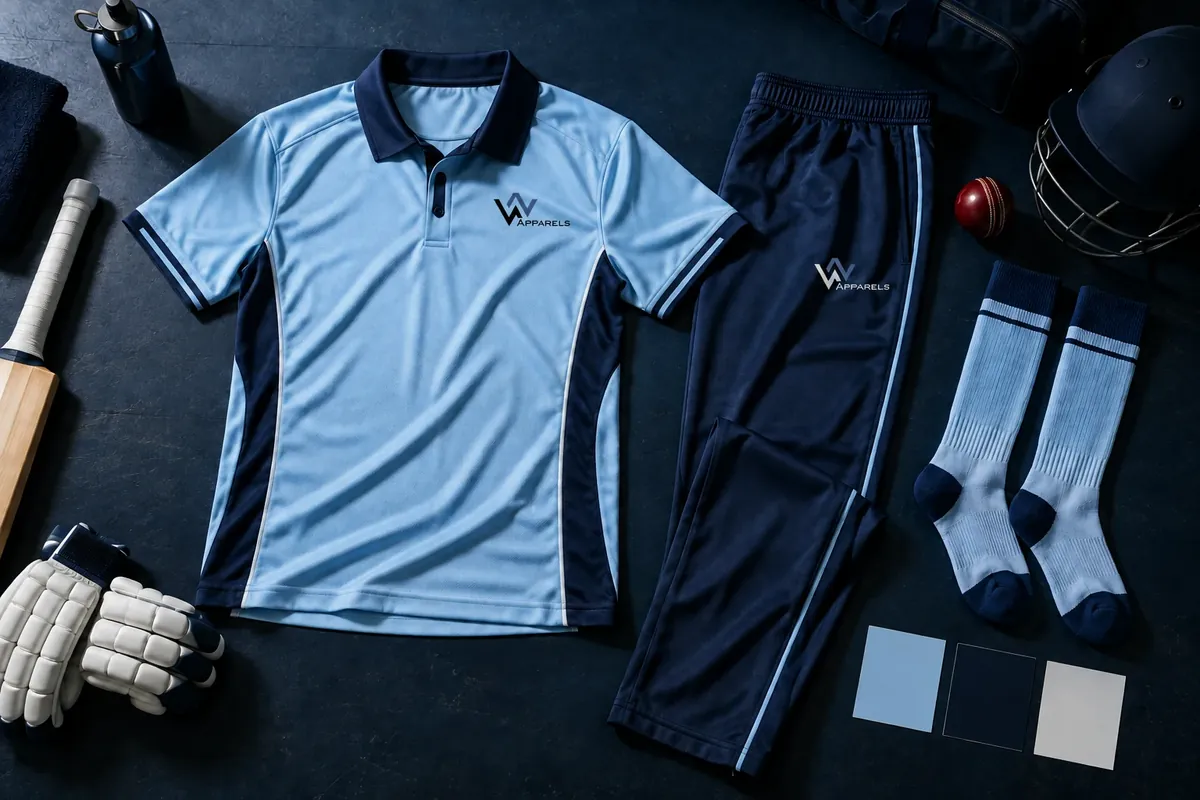 Flat lay of a cricket shirt, trousers, socks, gloves and colour swatches