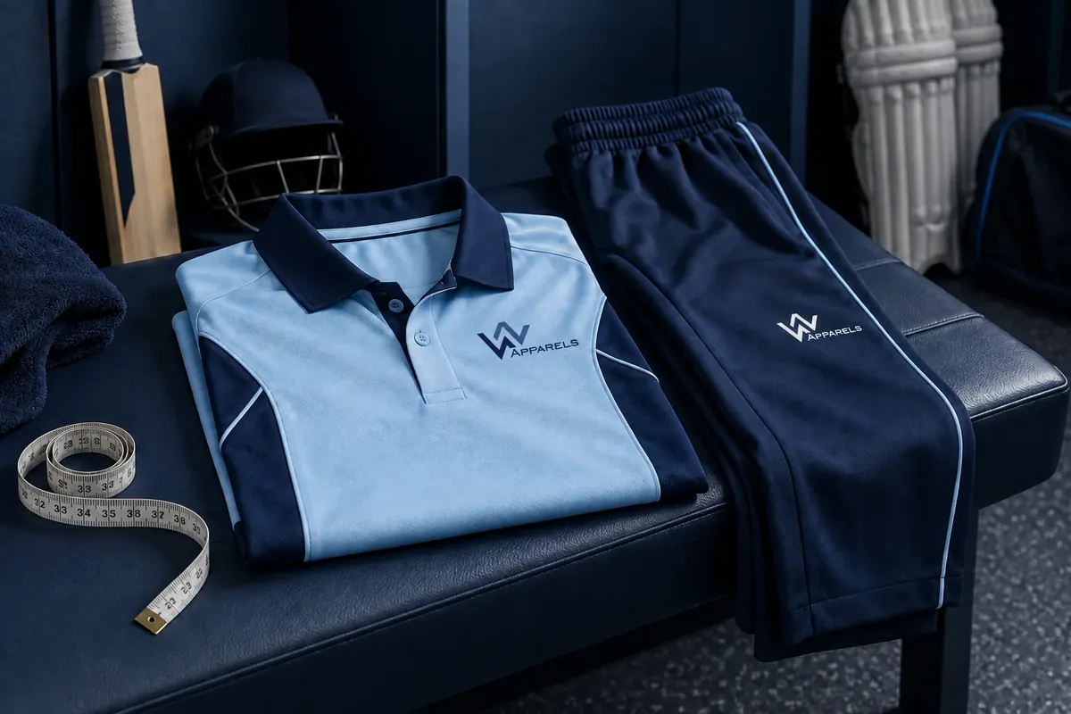 Folded cricket shirt and trousers on a changing-room bench with a tape measure