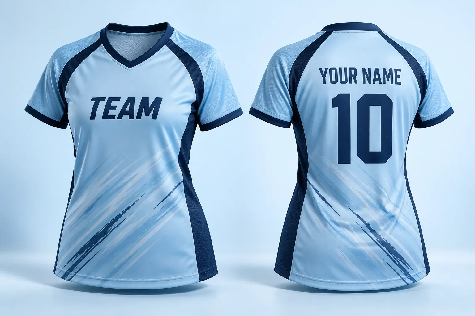 Sky-blue hockey shirt, front with TEAM, back with YOUR NAME and 10
