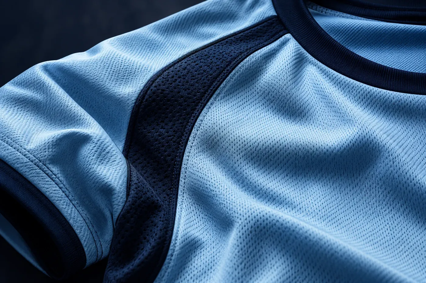 Close-up of a sky-blue hockey shirt with navy raglan panels