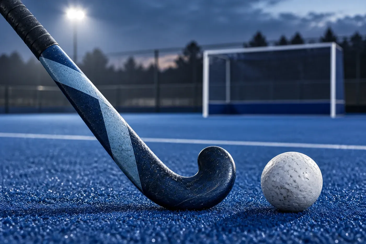 Hockey stick and ball on blue artificial turf by the goal