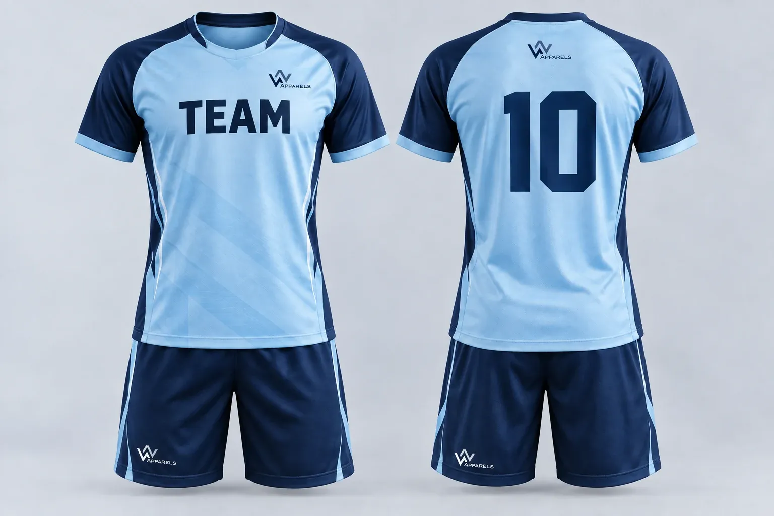 Sky-blue handball jersey and shorts, front with TEAM and logo, back with 10