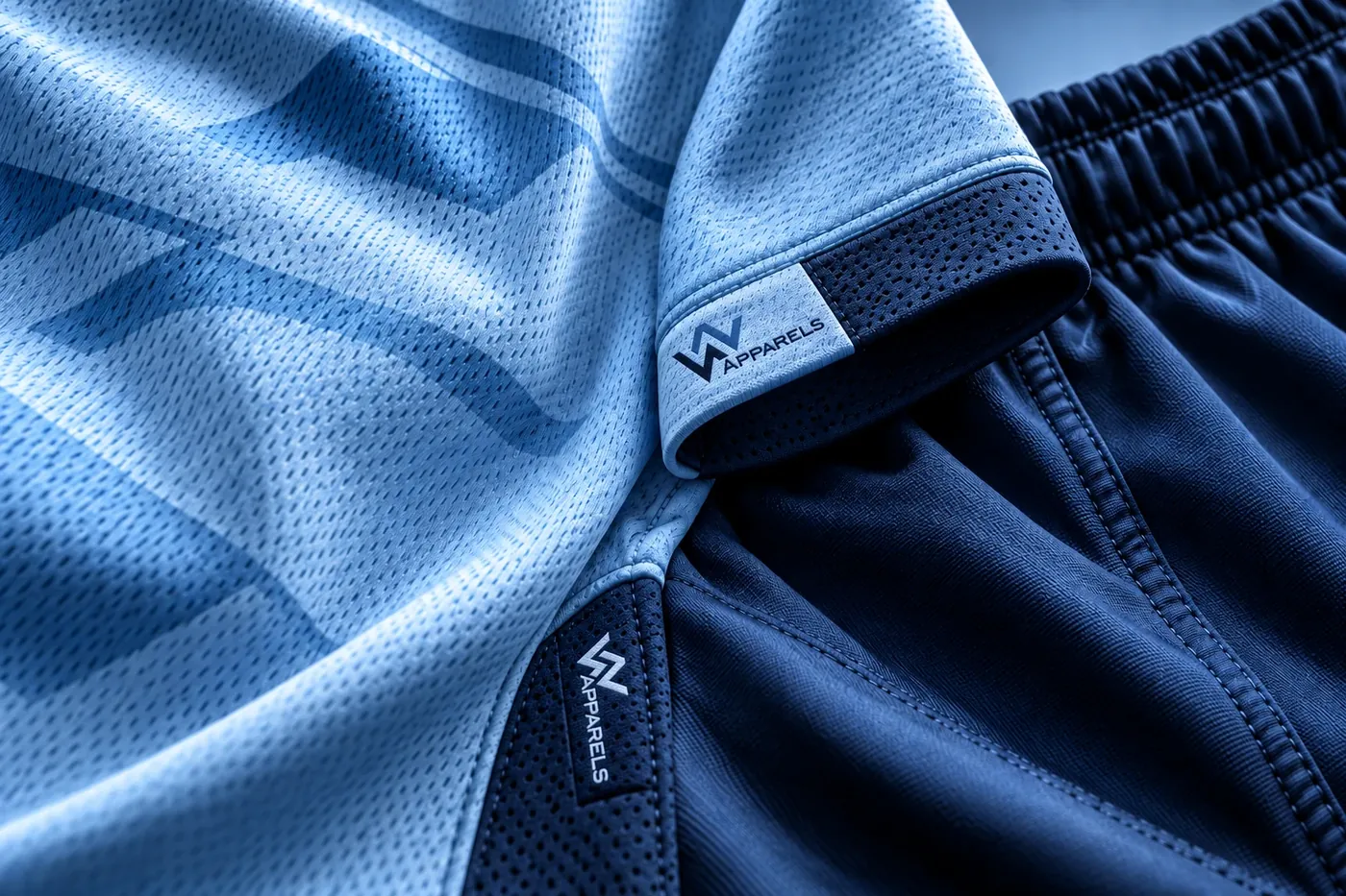 Close-up of sky-blue handball jersey fabric and navy shorts with logo