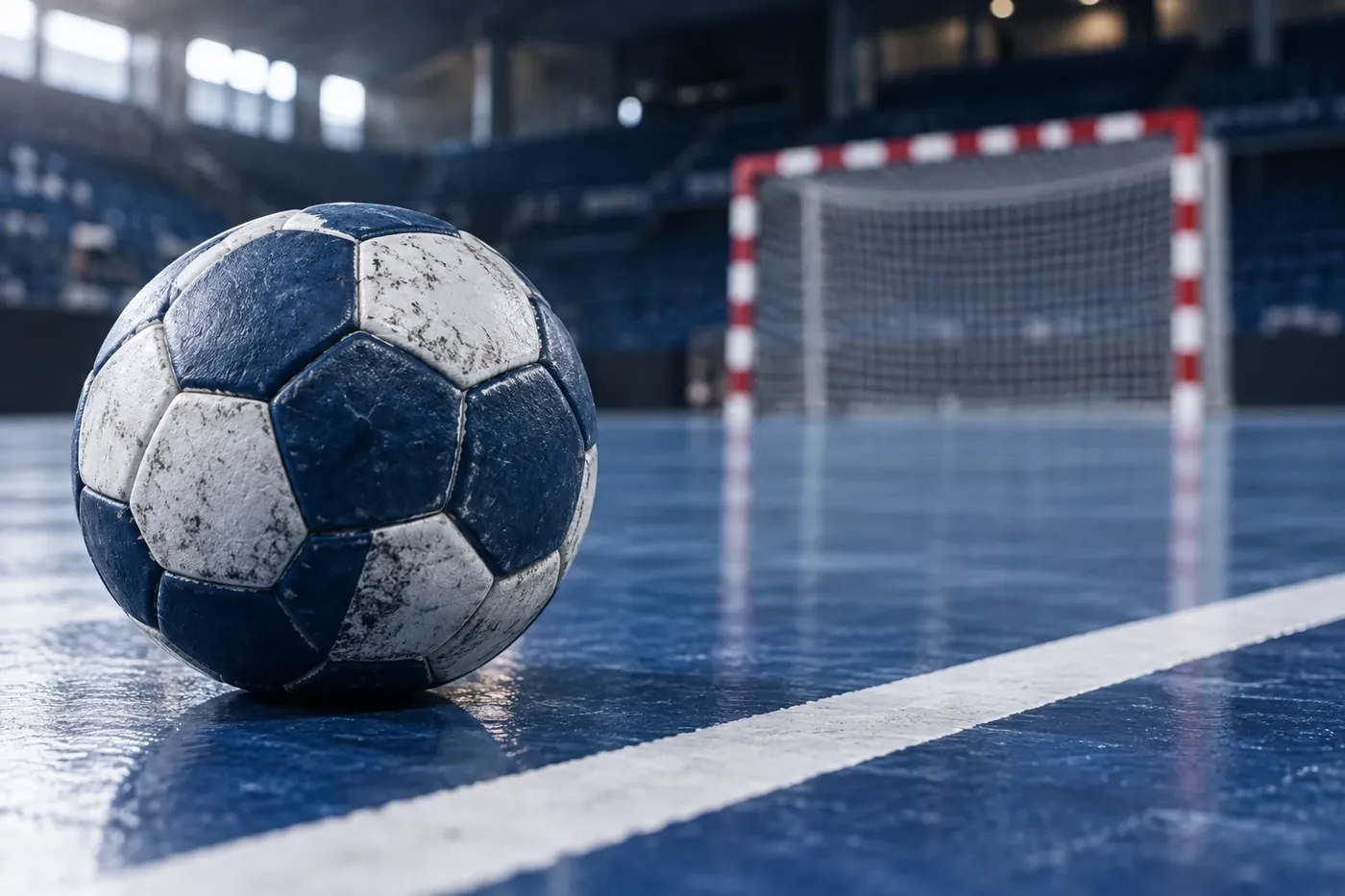 Handball on an indoor court in front of the goal