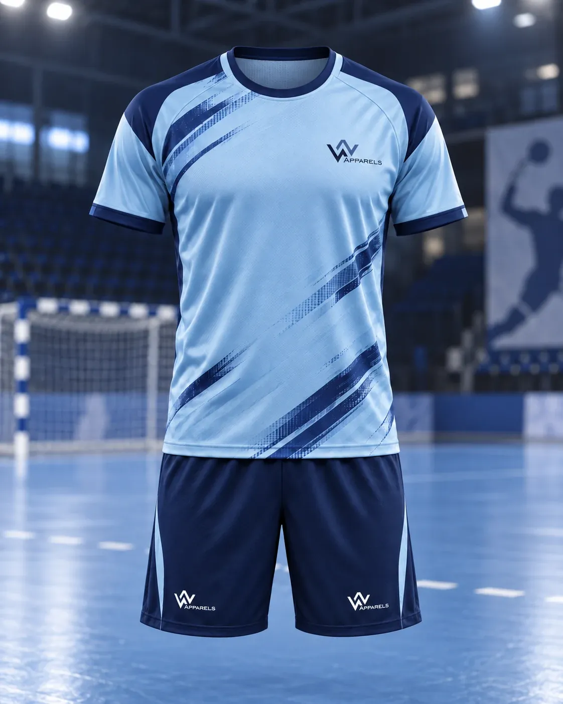 Sky-blue handball jersey and navy shorts on court
