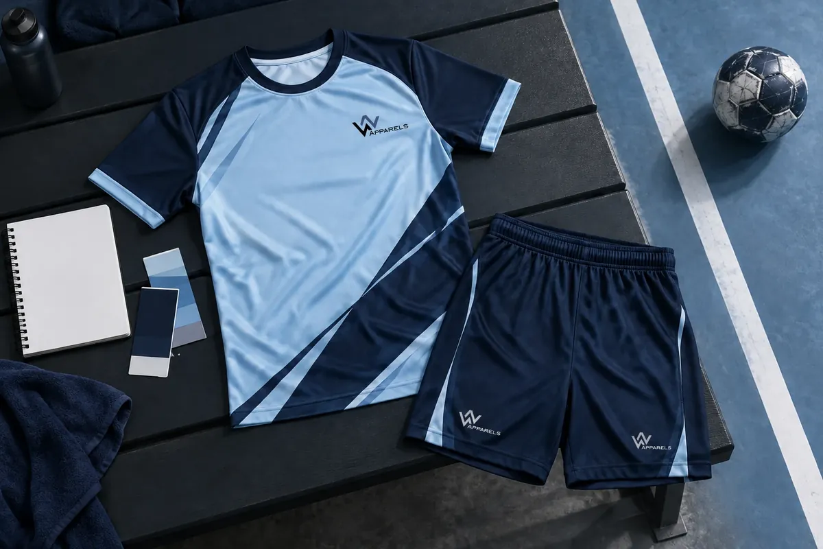 Flat lay of a handball jersey and shorts with a ball