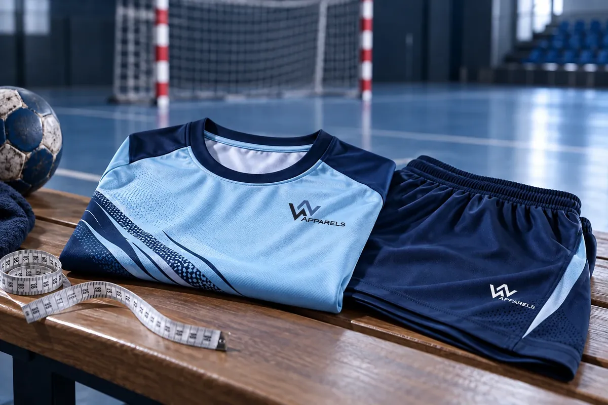 Folded handball jersey and shorts on a bench with a tape measure