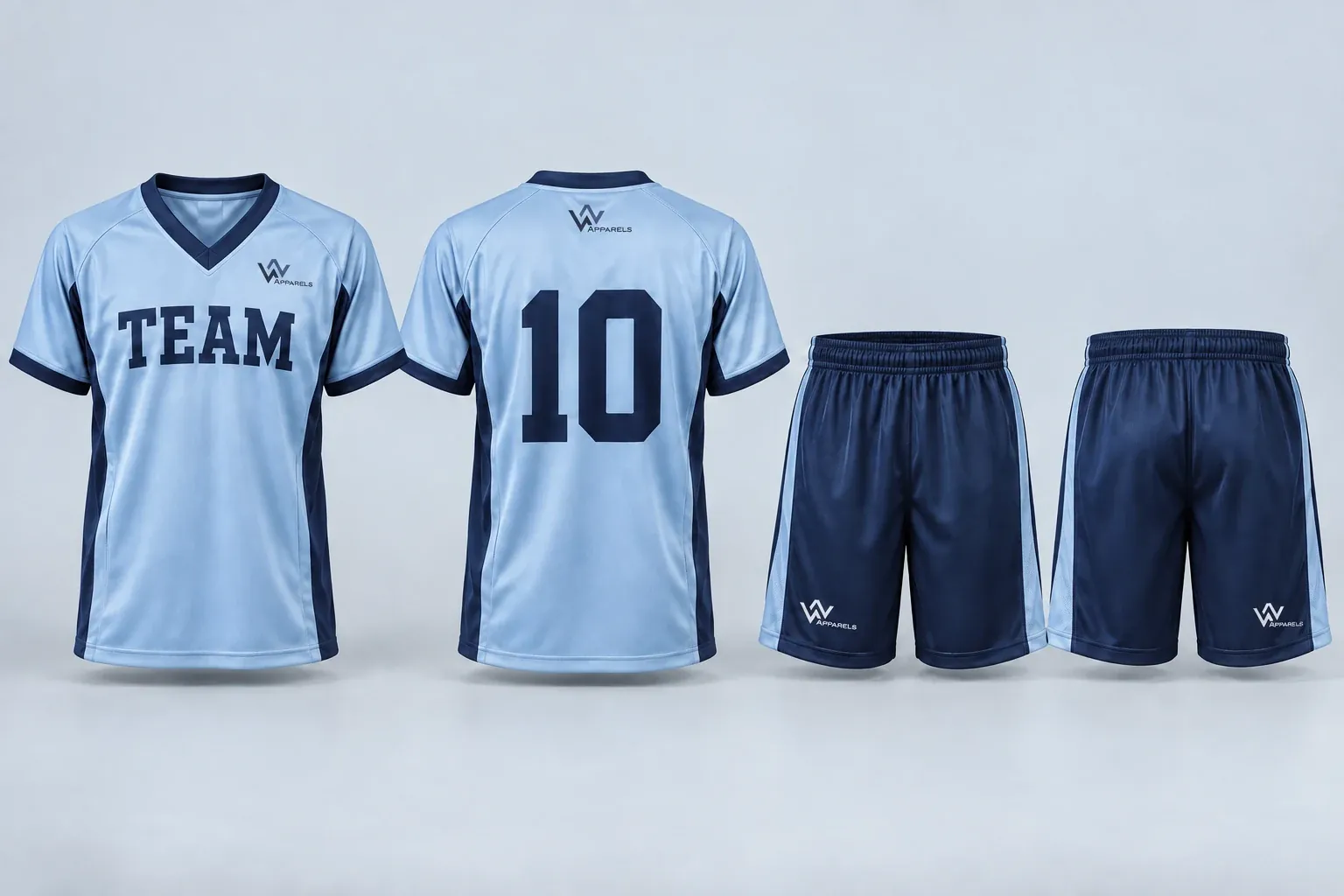 Lacrosse jerseys front and back with matching shorts showing TEAM, 10 and logo positions