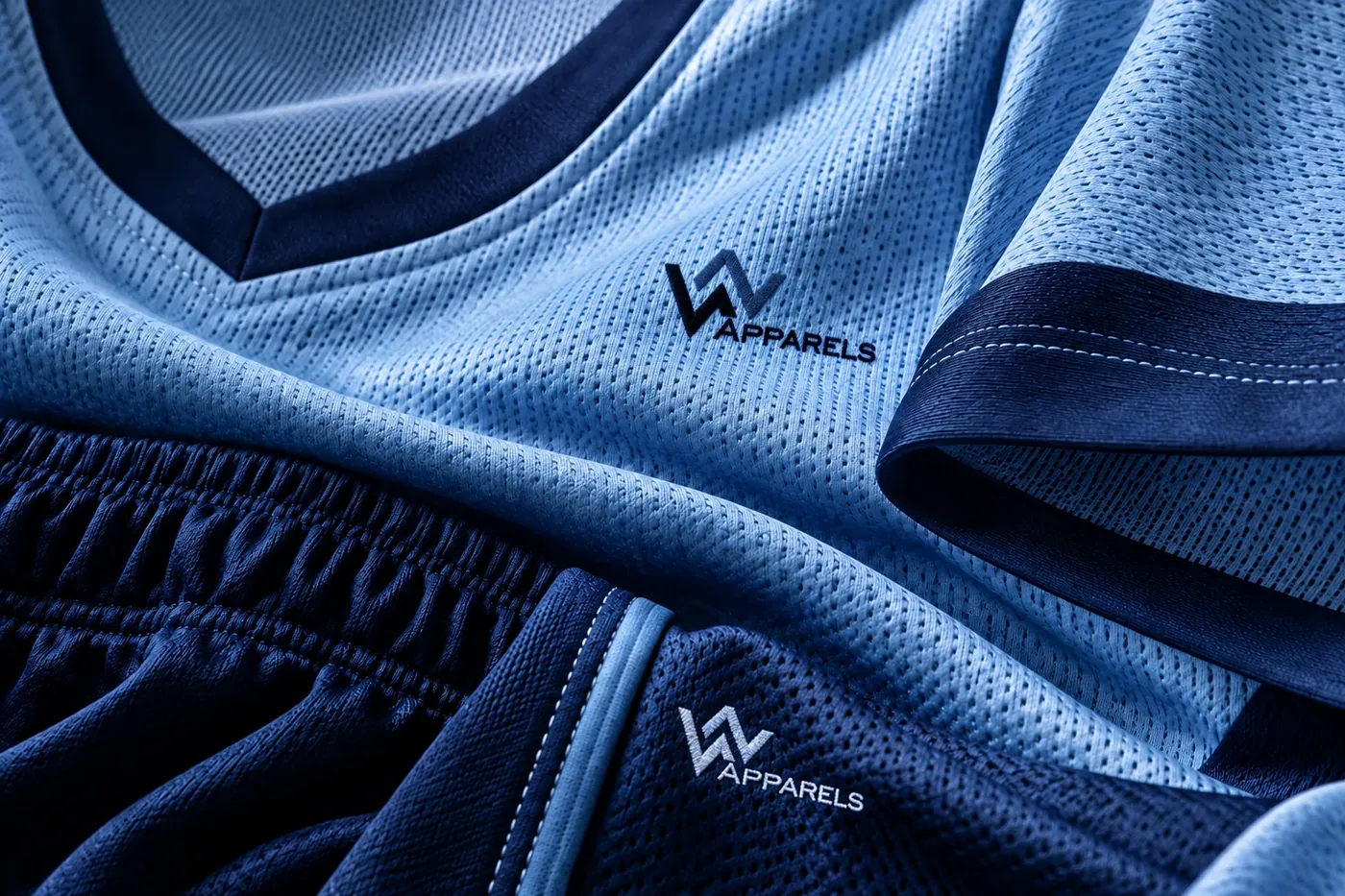 Close-up of sky-blue lacrosse jersey fabric with navy trim