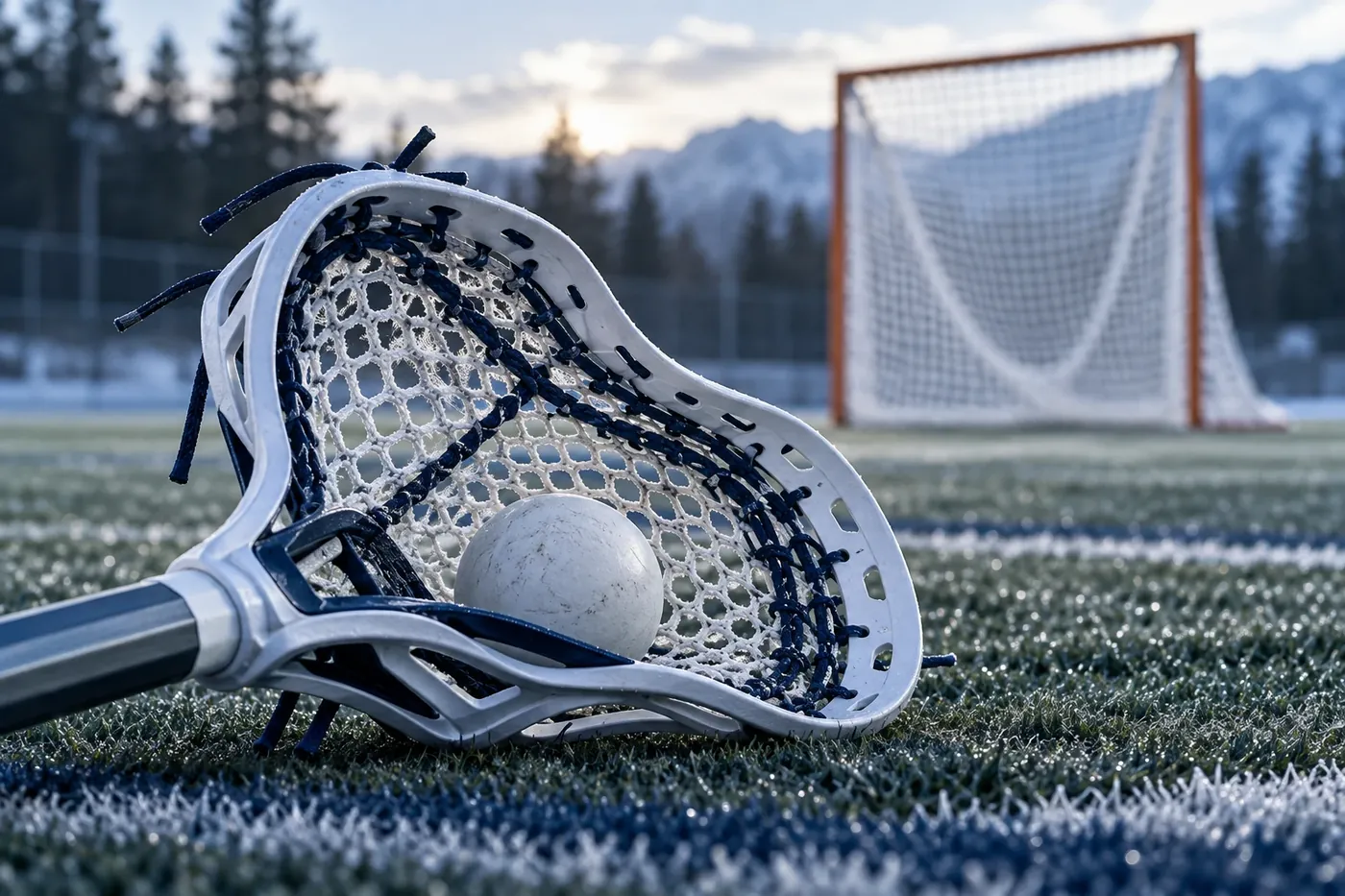 Lacrosse stick and ball on the turf in front of the goal