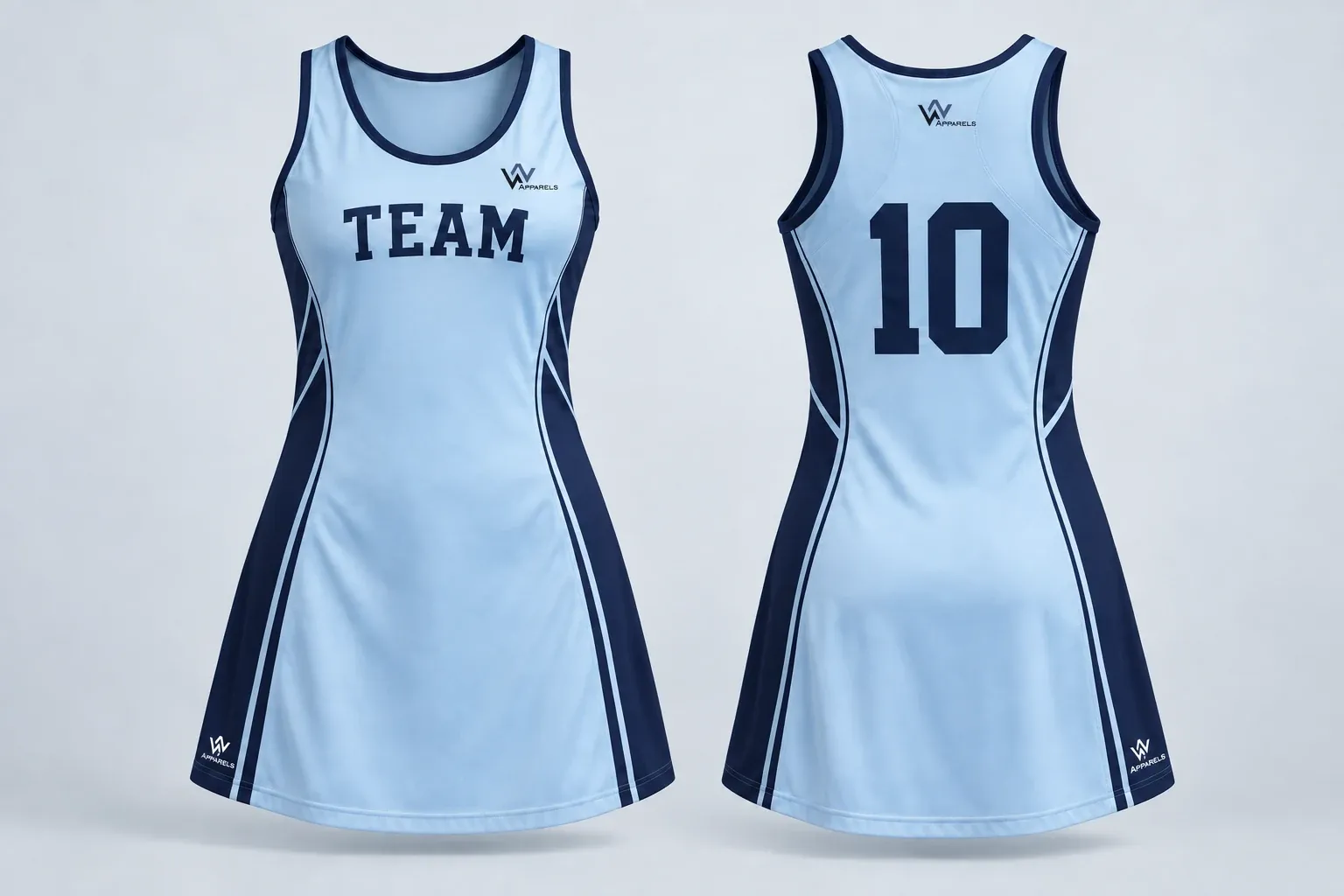 Sky-blue netball dress, front with TEAM and logo, back with 10