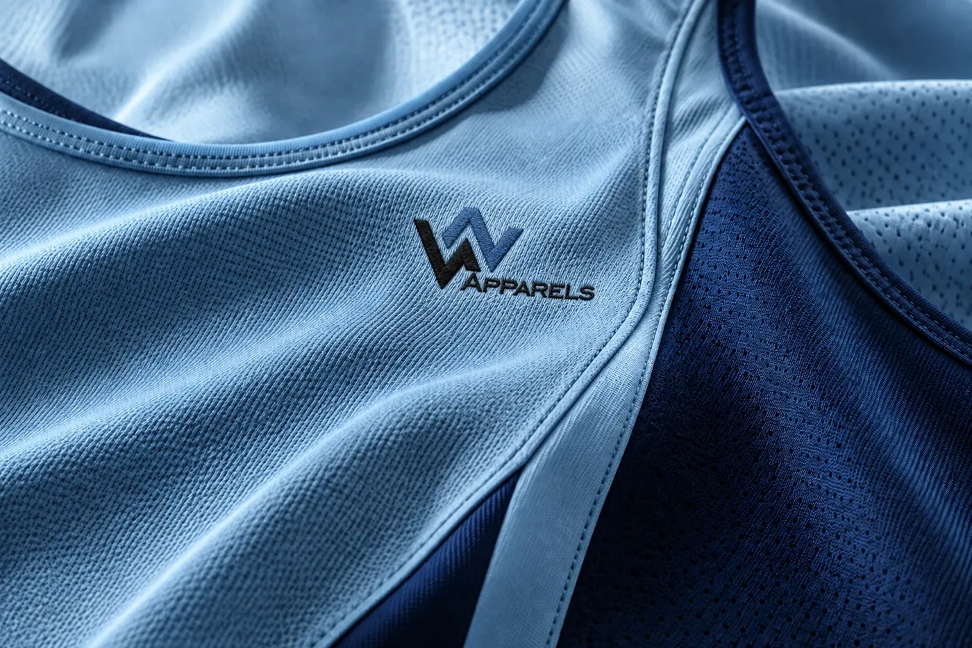 Close-up of sky-blue netball dress fabric with navy panel and logo