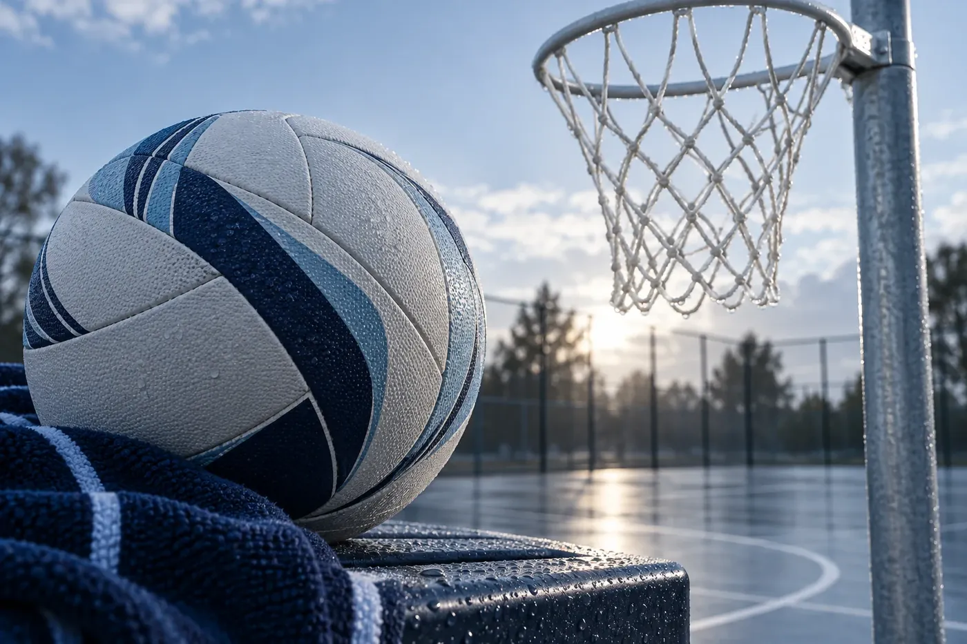 Netball on a towel by the post on an outdoor court