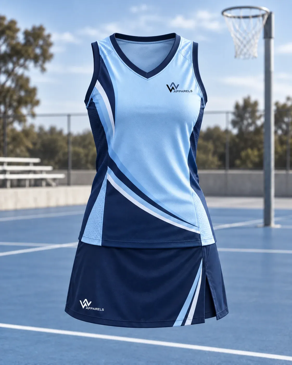 Netball top and skort on an outdoor court