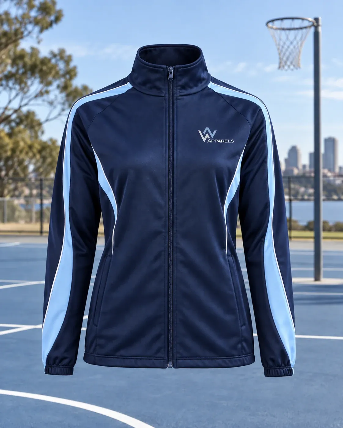 Navy warm-up jacket with sky-blue panels