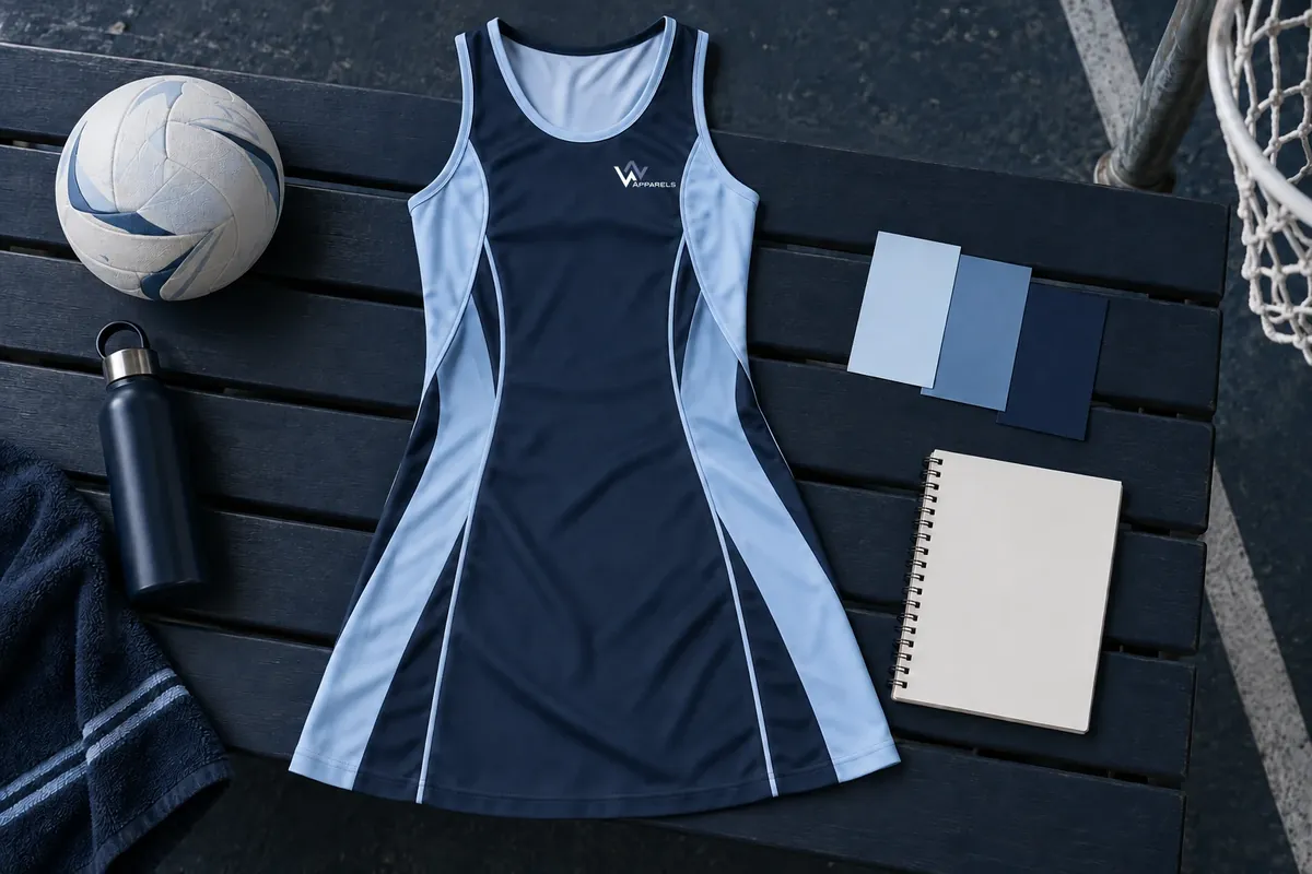 Flat lay of a netball dress with colour swatches and a ball