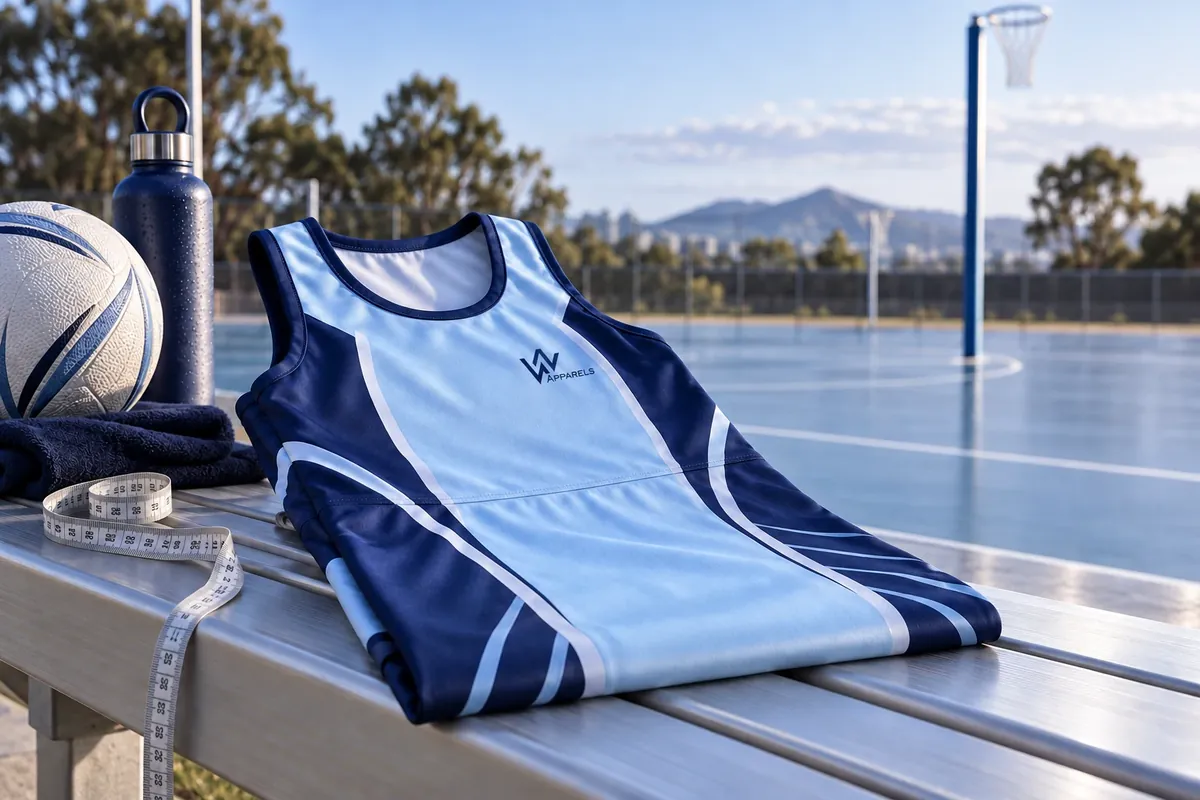 Folded netball dress on a bench with a tape measure