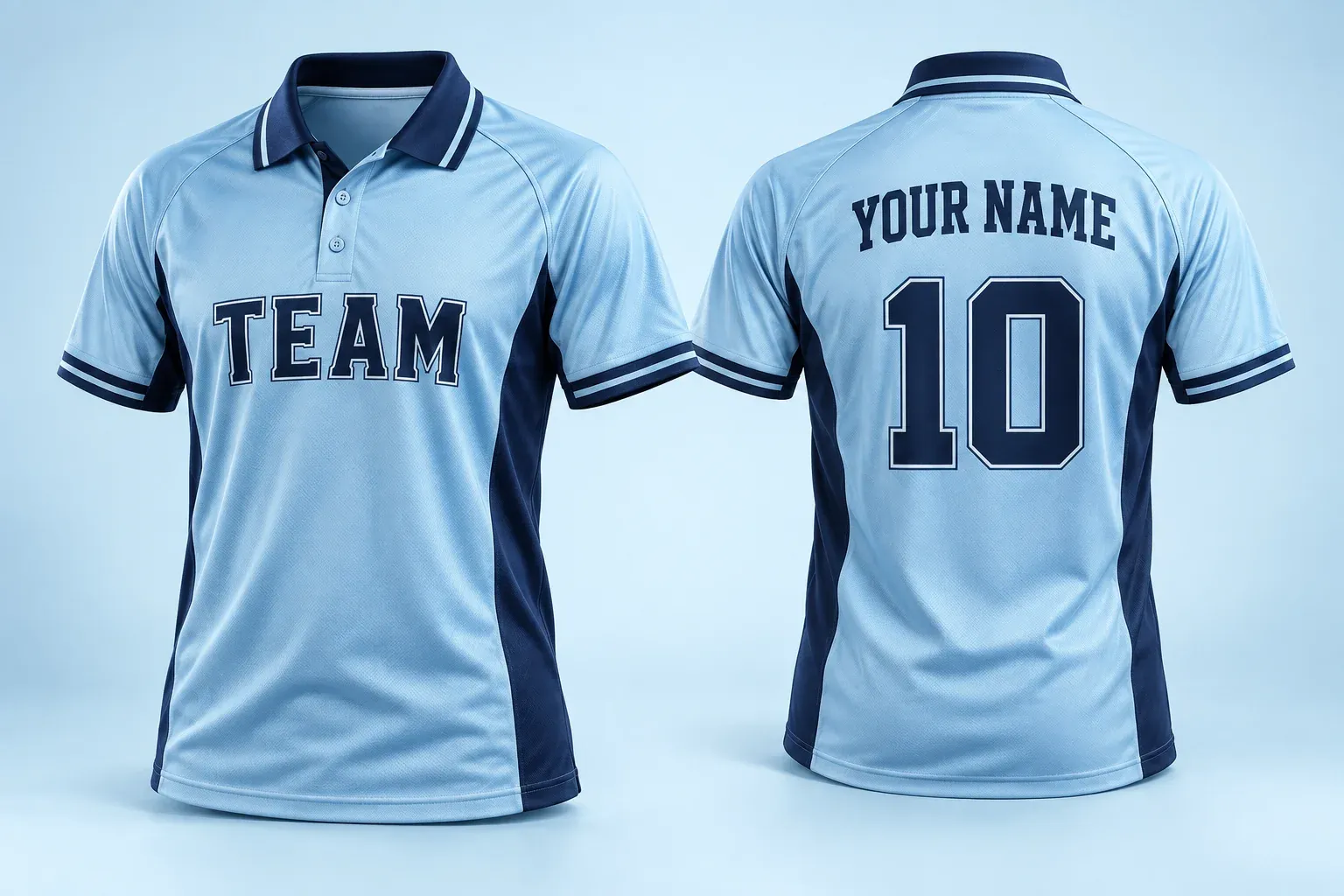 Sky-blue court polo, front with TEAM, back with YOUR NAME and 10