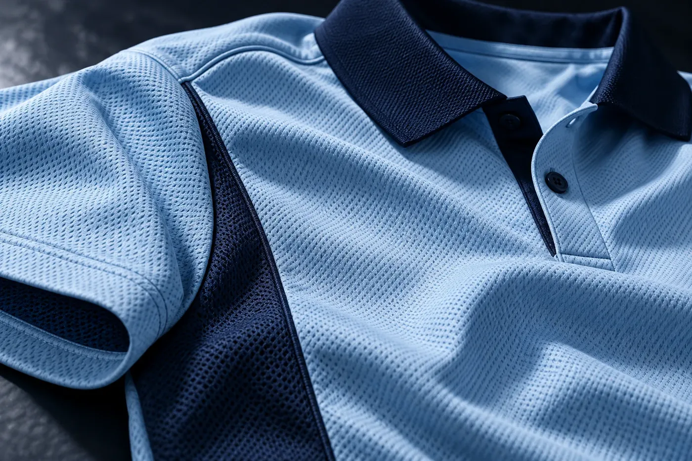 Close-up of a sky-blue polo with navy collar and side panel