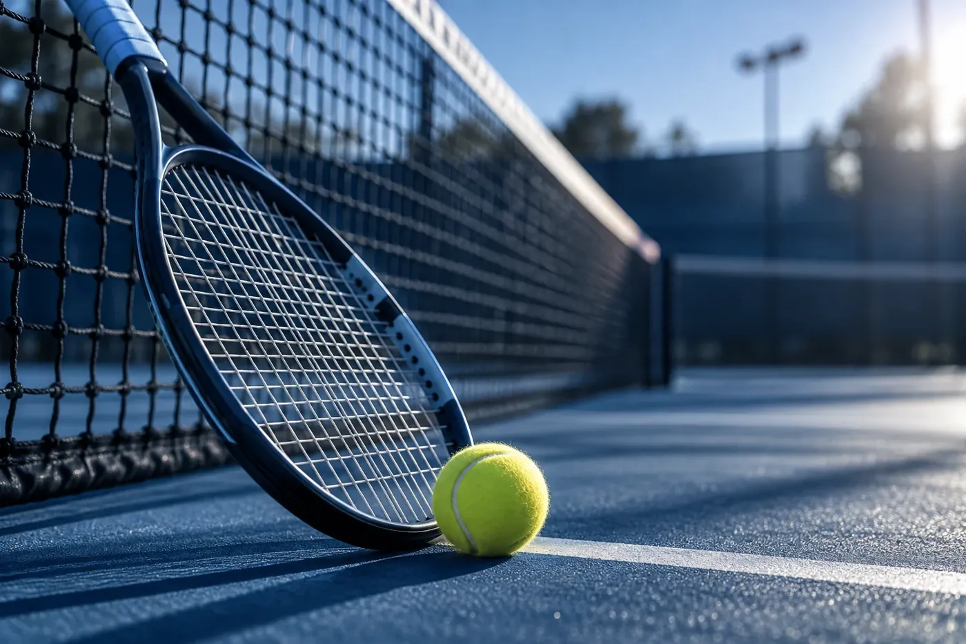 Tennis racket and ball on a hard court beside the net