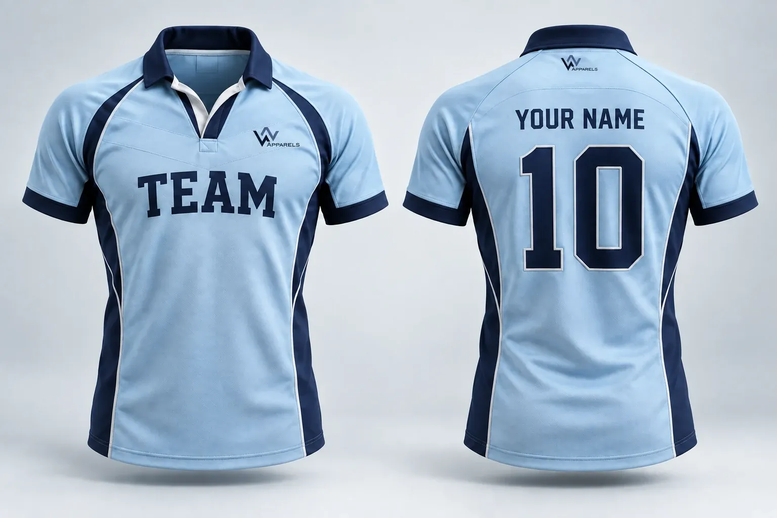 Sky-blue rugby jersey, front with TEAM and logo, back with YOUR NAME and 10