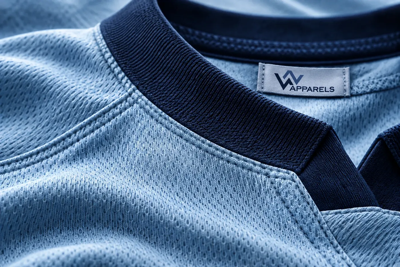 Close-up of a sky-blue rugby jersey with navy collar and woven label
