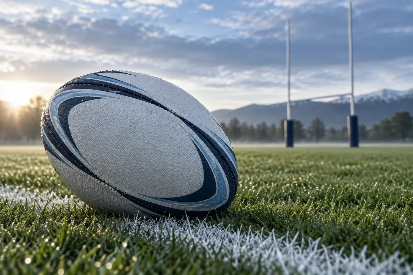 Rugby ball on dewy grass in front of the posts at sunrise