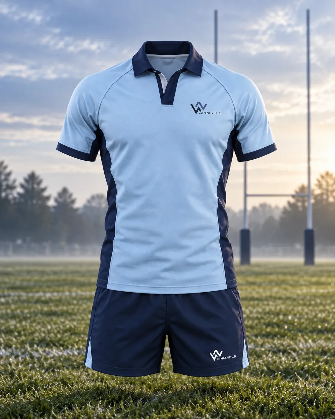Sky-blue rugby jersey and navy shorts on a misty pitch