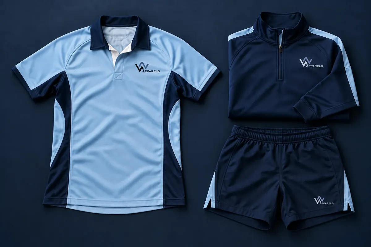 Flat lay of sky-blue and navy rugby jerseys with shorts