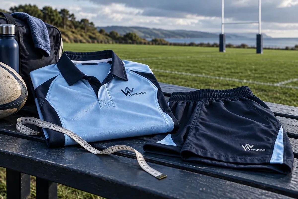 Folded rugby jersey and shorts on a pitch-side bench with a tape measure