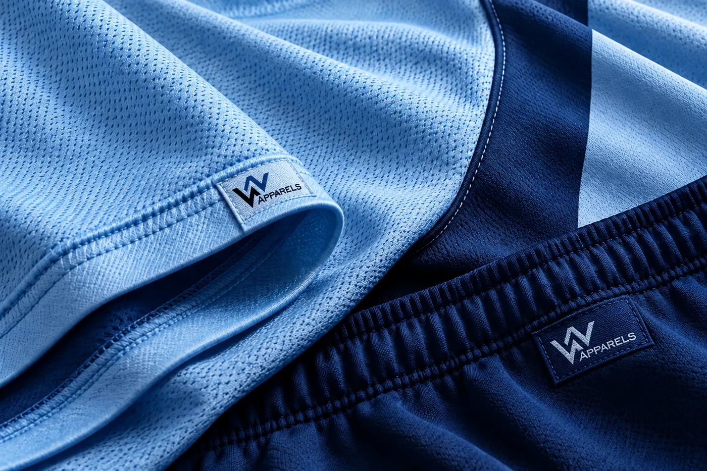 Close-up of sky-blue jersey fabric and navy shorts with a woven logo tab