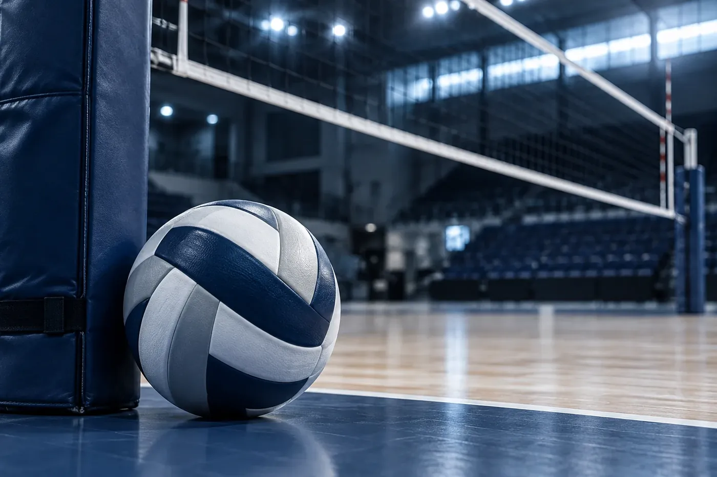 Volleyball by the net on an indoor arena court