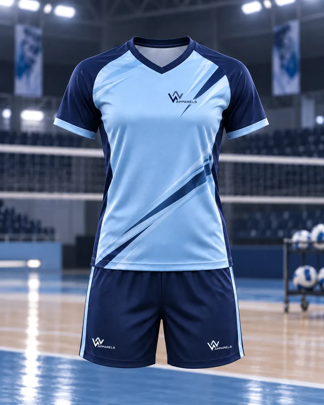 Short-sleeve sky-blue volleyball jersey with navy shorts