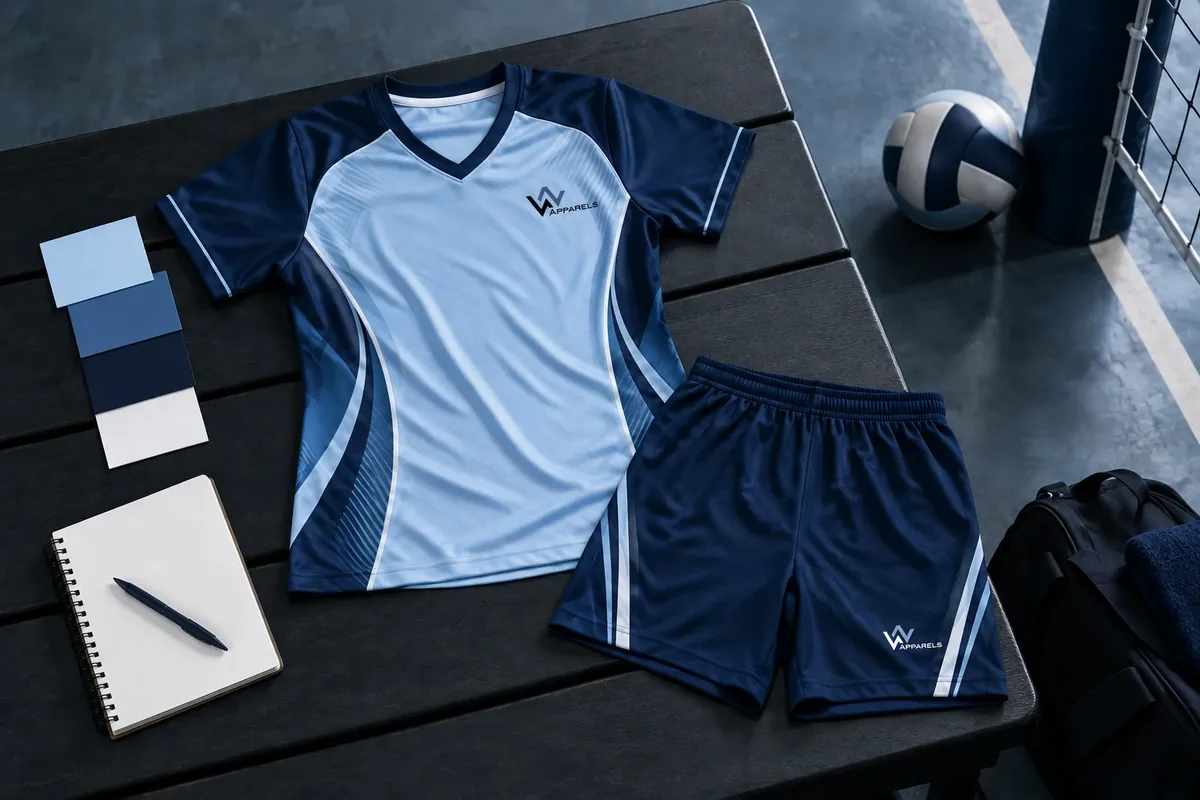 Flat lay of a volleyball jersey, shorts and colour swatches