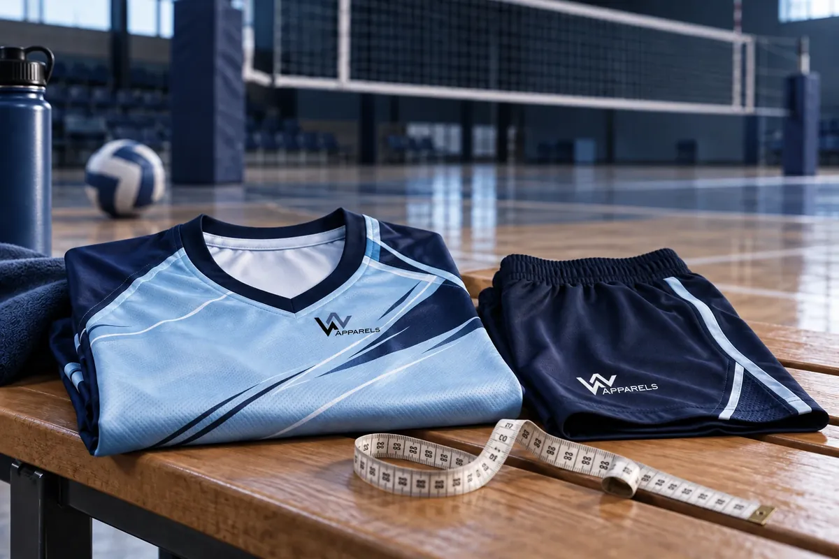 Folded volleyball jersey and shorts on a courtside bench with a tape measure