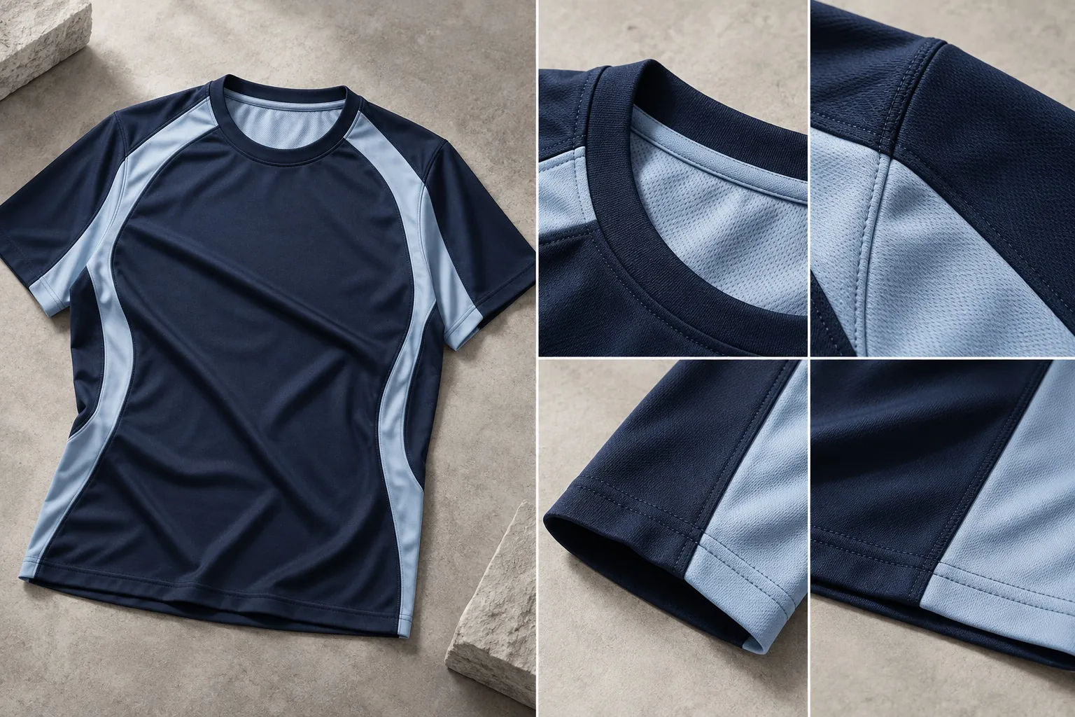 Sportswear details: neckline, sleeve and waistband close-ups