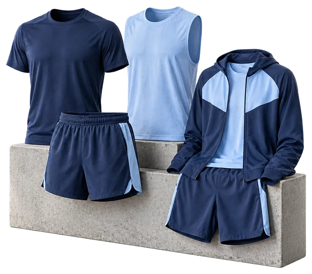 Gym activewear concept: tee, tank, shorts and zip hoodie on a concrete block